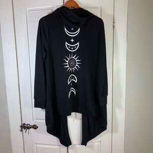 Cosmic Aura Womens Black Celestial Moon Phase Sun Hooded Cardigan Pockets M READ